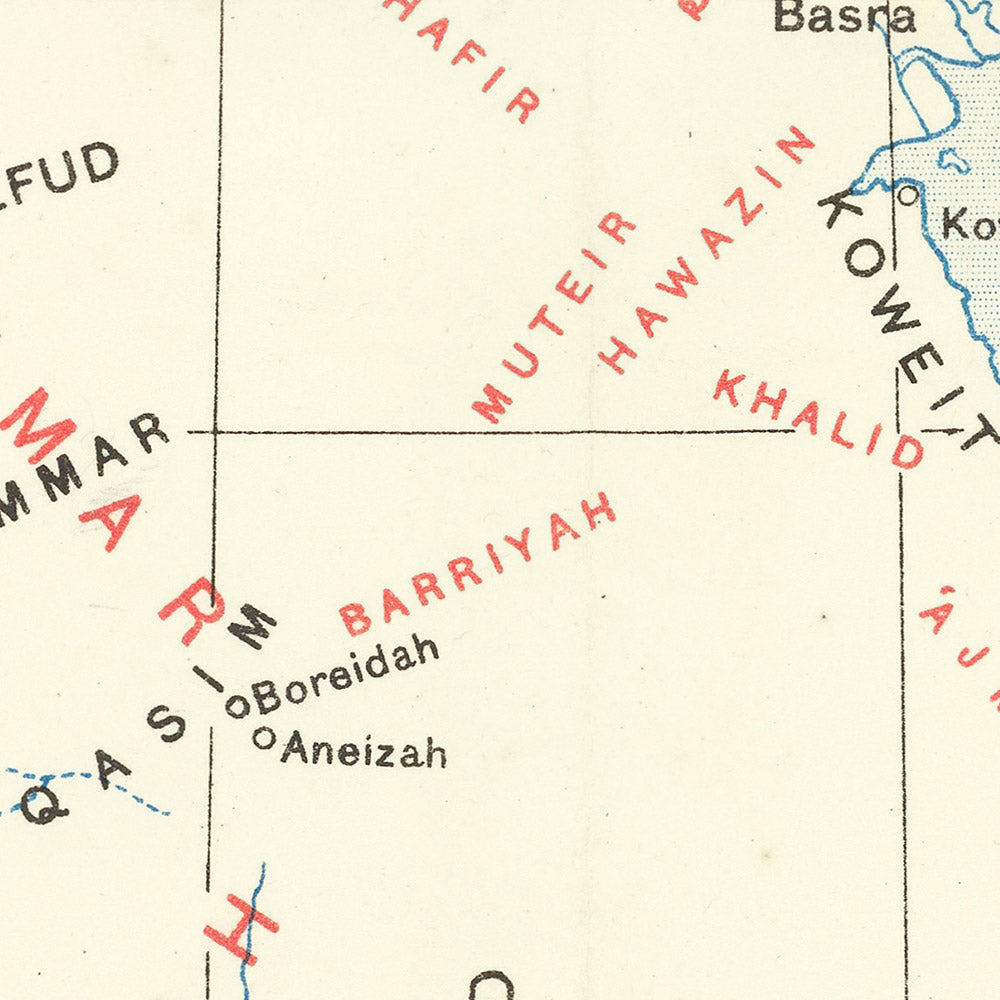 Ancienne carte des tribus d'Arabie, 1916 : Émirats, tribus irakiennes et saoudiennes, villes, Révolte arabe, carte de guerre de l'Amirauté de la Première Guerre mondiale 