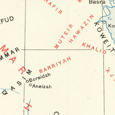 Ancienne carte des tribus d'Arabie, 1916 : Émirats, tribus irakiennes et saoudiennes, villes, Révolte arabe, carte de guerre de l'Amirauté de la Première Guerre mondiale 
