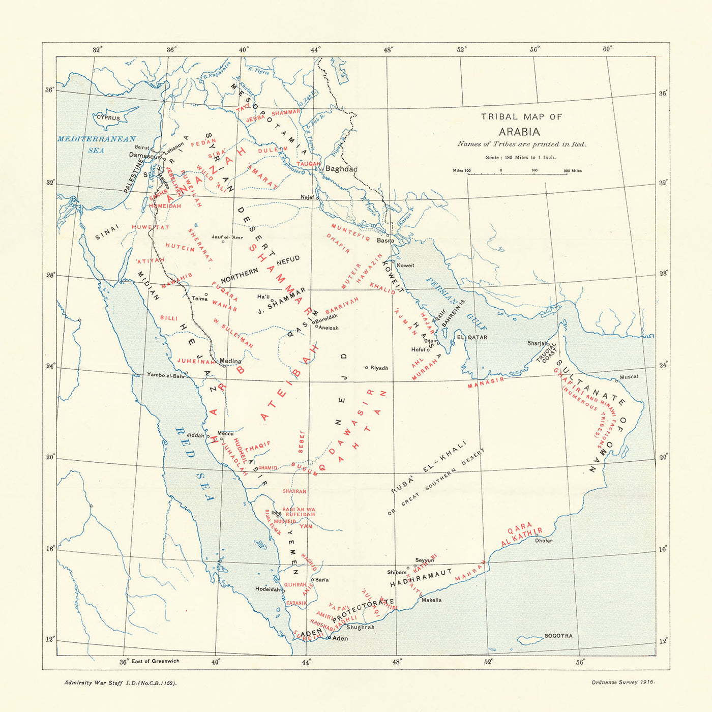 Ancienne carte des tribus d'Arabie, 1916 : Émirats, tribus irakiennes et saoudiennes, villes, Révolte arabe, carte de guerre de l'Amirauté de la Première Guerre mondiale 