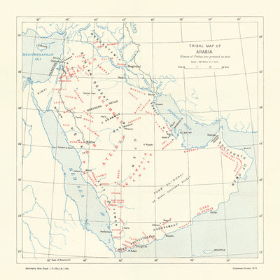 Ancienne carte des tribus d'Arabie, 1916 : Émirats, tribus irakiennes et saoudiennes, villes, Révolte arabe, carte de guerre de l'Amirauté de la Première Guerre mondiale 