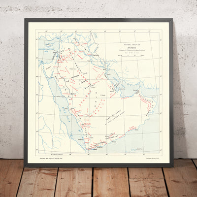 Ancienne carte des tribus d'Arabie, 1916 : Émirats, tribus irakiennes et saoudiennes, villes, Révolte arabe, carte de guerre de l'Amirauté de la Première Guerre mondiale 