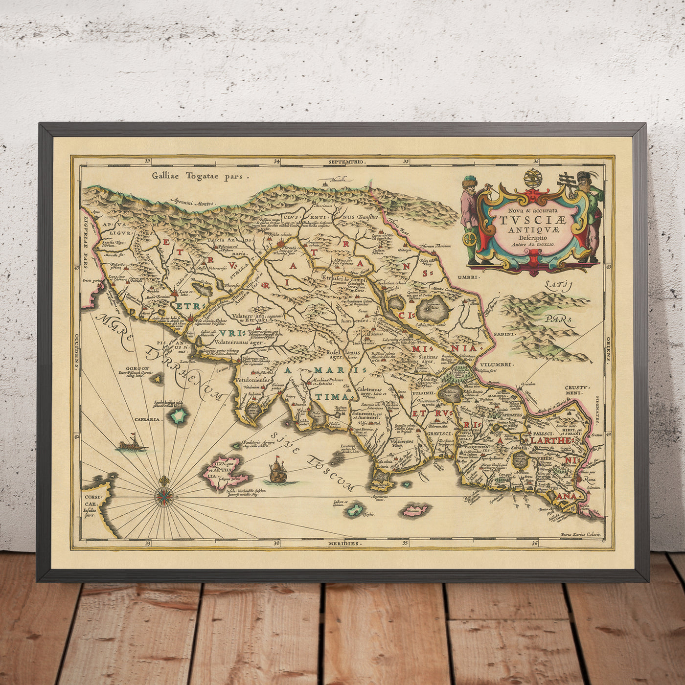Ancienne carte de la Toscane antique par Jansson, 1652 : cités-États étrusques, Lazio, Ombrie, établissements et routes romains, Apennins, rivière Arno 