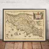 Mapa antiguo de la Toscana antigua por Jansson, 1652: Ciudades-Estado etruscas, Lacio, Umbría, asentamientos y caminos romanos, Apeninos, río Arno 