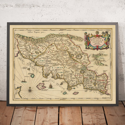 Ancienne carte de la Toscane antique par Jansson, 1652 : cités-États étrusques, Lazio, Ombrie, établissements et routes romains, Apennins, rivière Arno 