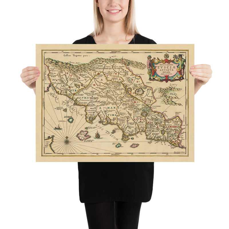 Ancienne carte de la Toscane antique par Jansson, 1652 : cités-États étrusques, Lazio, Ombrie, établissements et routes romains, Apennins, rivière Arno 