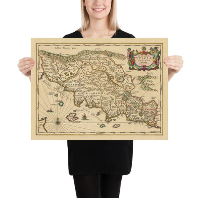 Ancienne carte de la Toscane antique par Jansson, 1652 : cités-États étrusques, Lazio, Ombrie, établissements et routes romains, Apennins, rivière Arno 