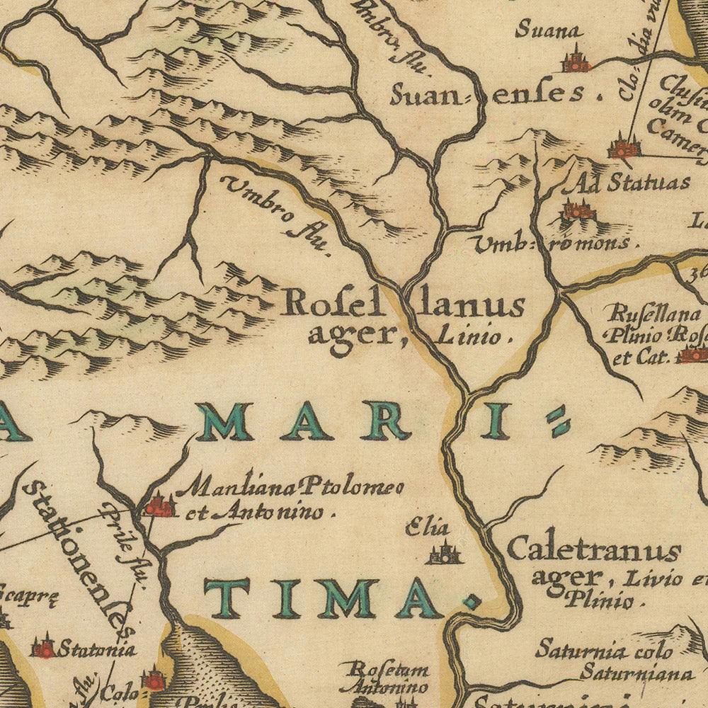 Ancienne carte de la Toscane antique par Jansson, 1652 : cités-États étrusques, Lazio, Ombrie, établissements et routes romains, Apennins, rivière Arno 