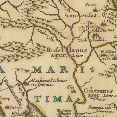 Ancienne carte de la Toscane antique par Jansson, 1652 : cités-États étrusques, Lazio, Ombrie, établissements et routes romains, Apennins, rivière Arno 