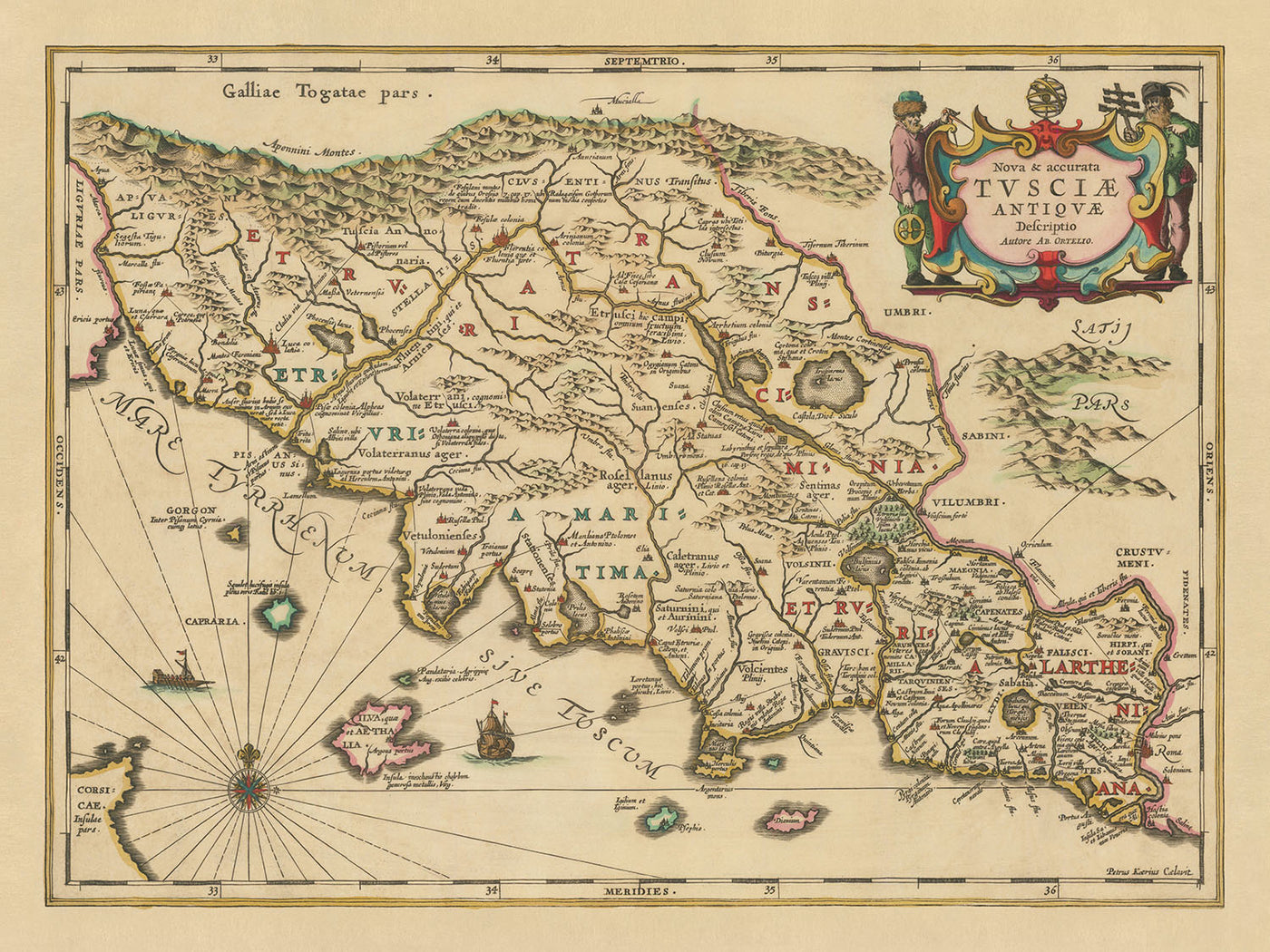 Ancienne carte de la Toscane antique par Jansson, 1652 : cités-États étrusques, Lazio, Ombrie, établissements et routes romains, Apennins, rivière Arno 