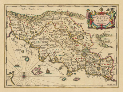 Ancienne carte de la Toscane antique par Jansson, 1652 : cités-États étrusques, Lazio, Ombrie, établissements et routes romains, Apennins, rivière Arno 