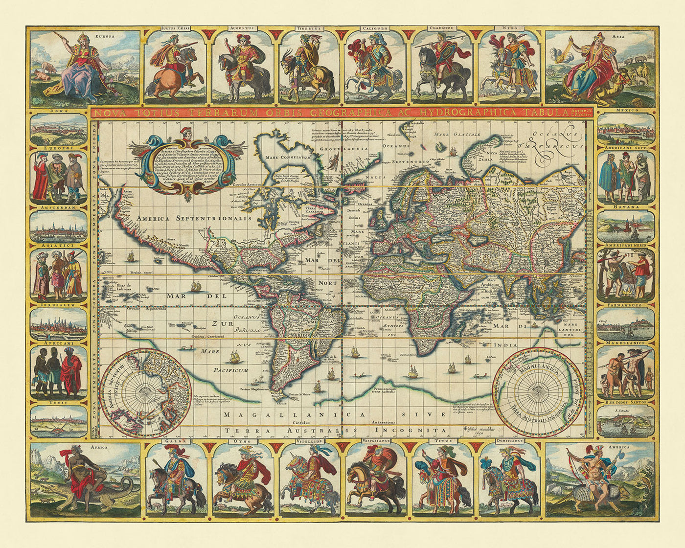 Rara "Mapa Mundial de los Doce Césares" de Visscher, 1652: Islas míticas, Julio, Augusto, Tiberio, Calígula, etc. 