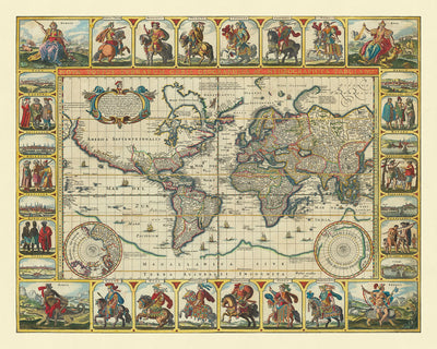 Rara "Mapa Mundial de los Doce Césares" de Visscher, 1652: Islas míticas, Julio, Augusto, Tiberio, Calígula, etc. 
