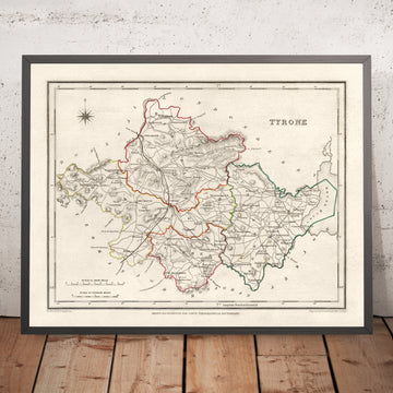Mapa antiguo del condado de Tyrone por Samuel Lewis, 1844: Omagh, Strabane, Cookstown, Dungannon, Aughnacloy