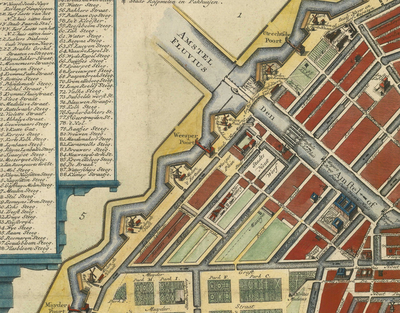 Old Map of Amsterdam in 1766 by Frederik Willem Greebe - The Amstel, The Oude Church, Nieuwevaart, Royal Palace, Lastage