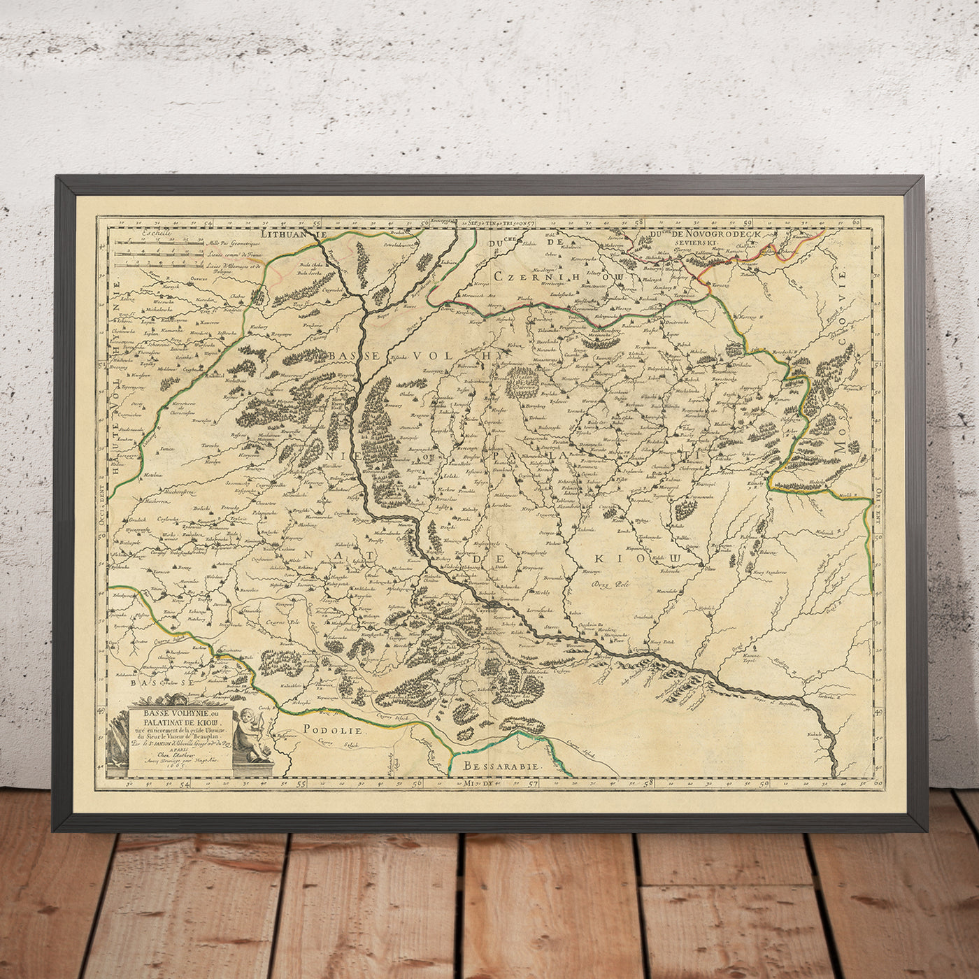Antiguo mapa de Ucrania de Sanson, 1665: Kiev, río Dnieper, Chernihiv, Poltava, bosques