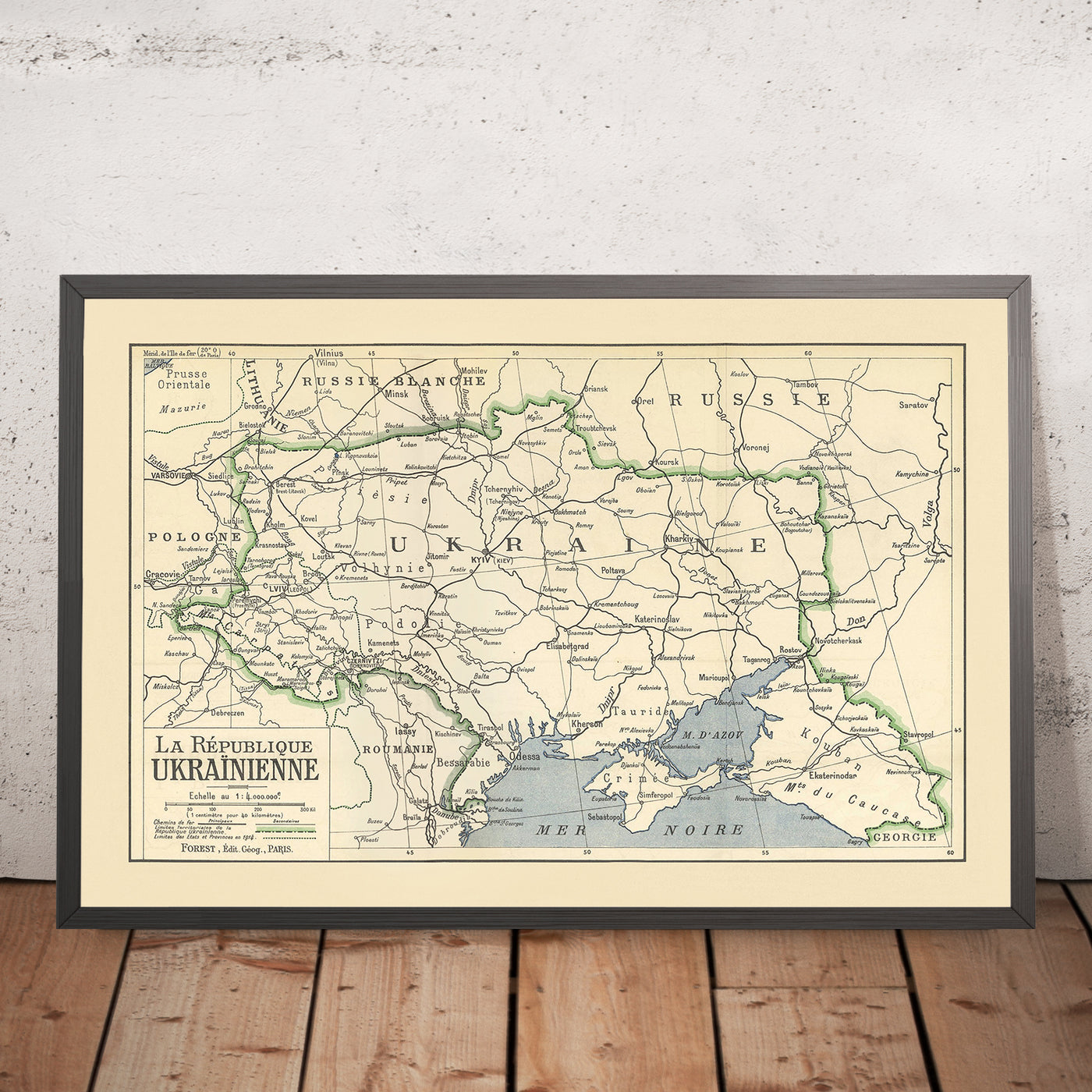 Rara primera mapa de la República de Ucrania, 1919: Conferencia de Paz de París, RPU, Crimea, Kuban 