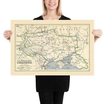 Rara primera mapa de la República de Ucrania, 1919: Conferencia de Paz de París, RPU, Crimea, Kuban 