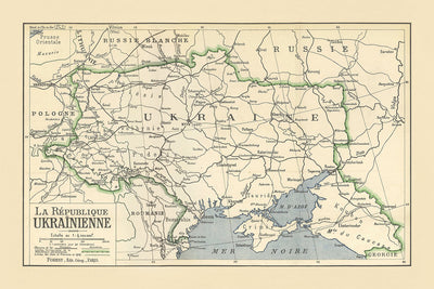Rara primera mapa de la República de Ucrania, 1919: Conferencia de Paz de París, RPU, Crimea, Kuban 