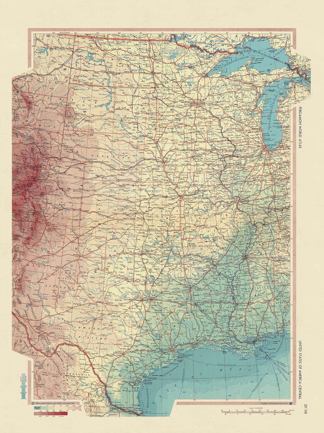 Mapa antiguo del centro de EE. UU., 1967: Chicago, Nueva Orleans, Montañas Rocosas, Río Misisipi 