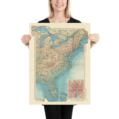 Old Map of Eastern United States, 1967: New York, Chicago, Washington D.C., Great Lakes, Mississippi River