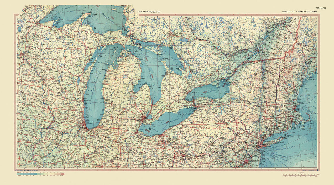 Old Map of the Great Lakes, 1967: Lake Michigan, Lake Huron, Lake Ontario, Lake Erie and Superior.