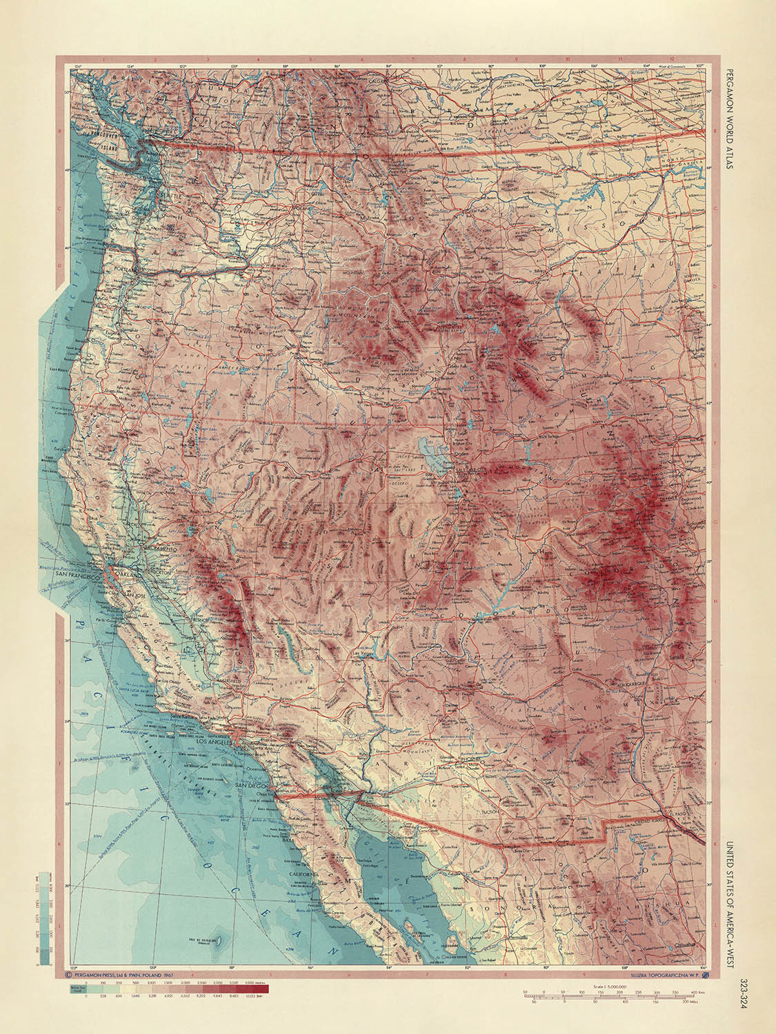 Alte Karte der westlichen Vereinigten Staaten, 1967: Los Angeles, San Francisco, Yosemite, Grand Canyon, Rocky Mountains 