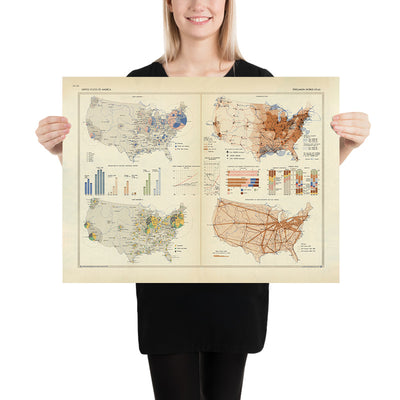 Infographic Map of the United States of America, 1967: Industrial Development, Transportation Infrastructure, Foreign Trade Dynamics