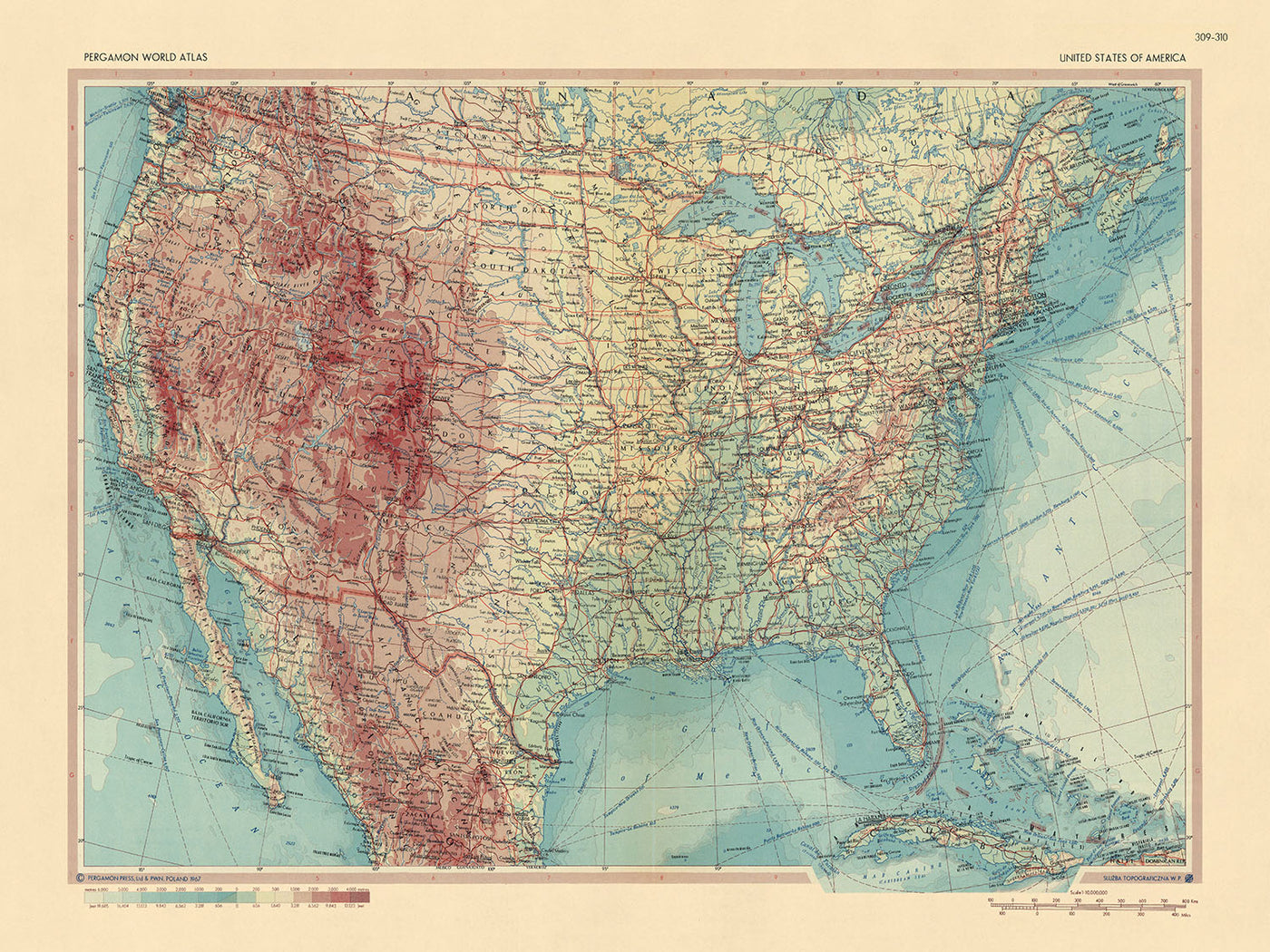 Old Map of United States of America, 1967: Canadian & Mexican Borders, Cuba, Newfoundland, Nova Scotia
