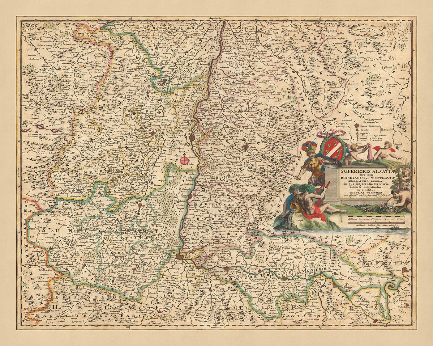 Old Map of Upper Alsace, Breisgau & Sundgau by Visscher, 1690: Basel, Freiburg im Breisgau, Colmar, Mulhouse, Jurapark Aargau