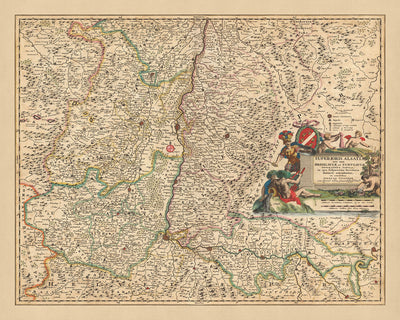 Old Map of Upper Alsace, Breisgau & Sundgau by Visscher, 1690: Basel, Freiburg im Breisgau, Colmar, Mulhouse, Jurapark Aargau