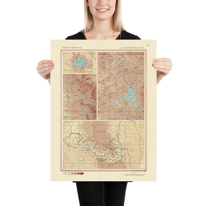 Alte Karte der Nationalparks der USA, 1967: Yellowstone, Grand Canyon, Yosemite, Crater Lake 