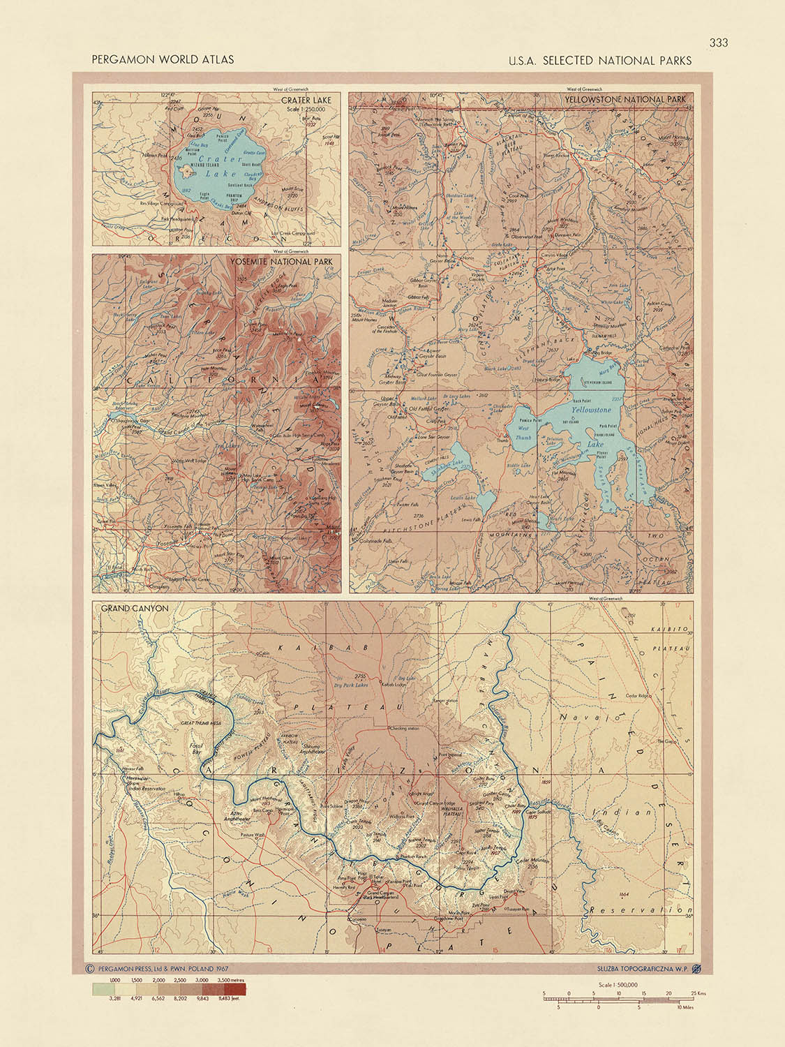 Alte Karte der Nationalparks der USA, 1967: Yellowstone, Grand Canyon, Yosemite, Crater Lake 