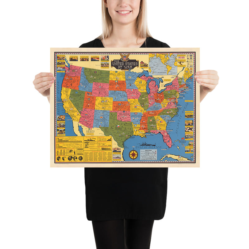 Old Map of USA at War by Stanley Turner, 1943: Domestic World War 2 Army & Navy Chart