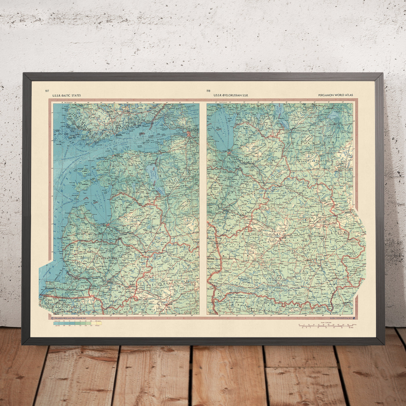 Ancienne carte des États baltes et de la Biélorussie, 1967 : Riga, Minsk, Vilnius, Golfe de Riga, lagune de Courlande 