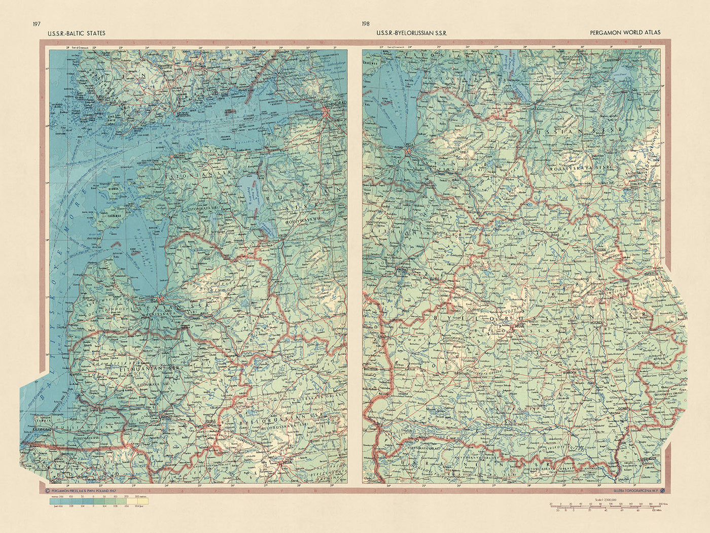 Ancienne carte des États baltes et de la Biélorussie, 1967 : Riga, Minsk, Vilnius, Golfe de Riga, lagune de Courlande 