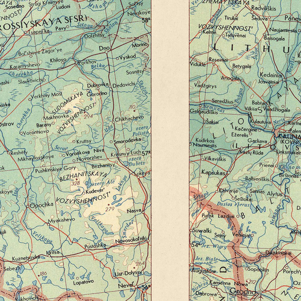 Ancienne carte des États baltes et de la Biélorussie, 1967 : Riga, Minsk, Vilnius, Golfe de Riga, lagune de Courlande 