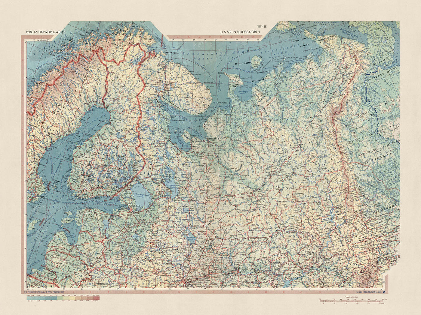 Ancienne carte de l'URSS en Europe du Nord, 1967 : Estonie, Finlande, Lettonie, Russie, Atlas politique et physique 