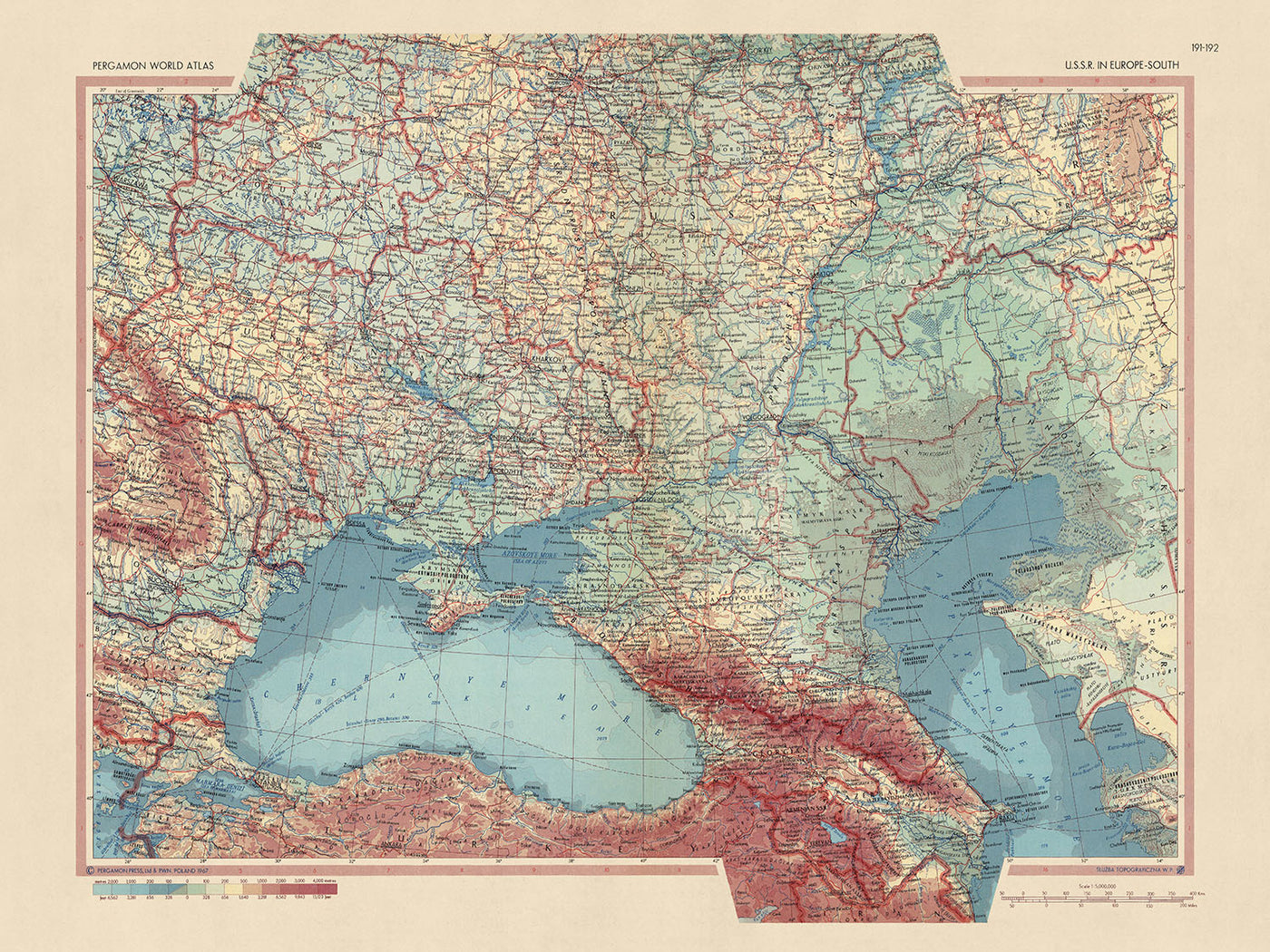 Old Map of Southern USSR and Eastern Europe, 1967: Detailed Political & Physical Map