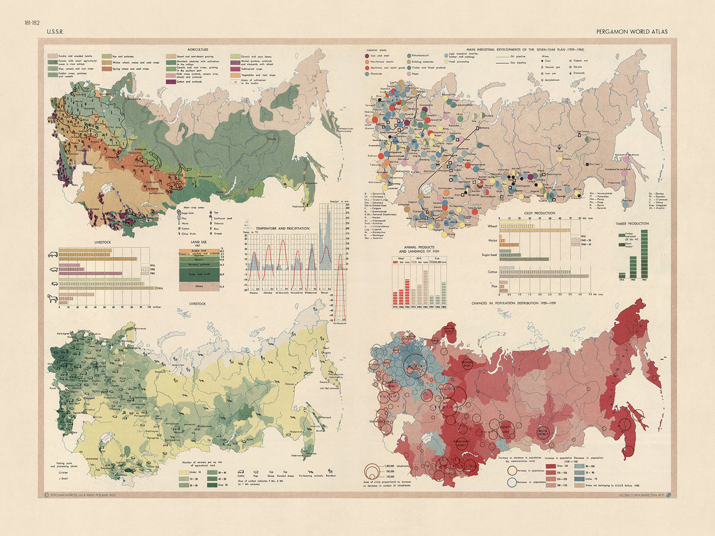 Mapa infográfico de la URSS, 1967: Dinámicas de Población Rusa, Progreso Industrial y Paisaje Agrícola 