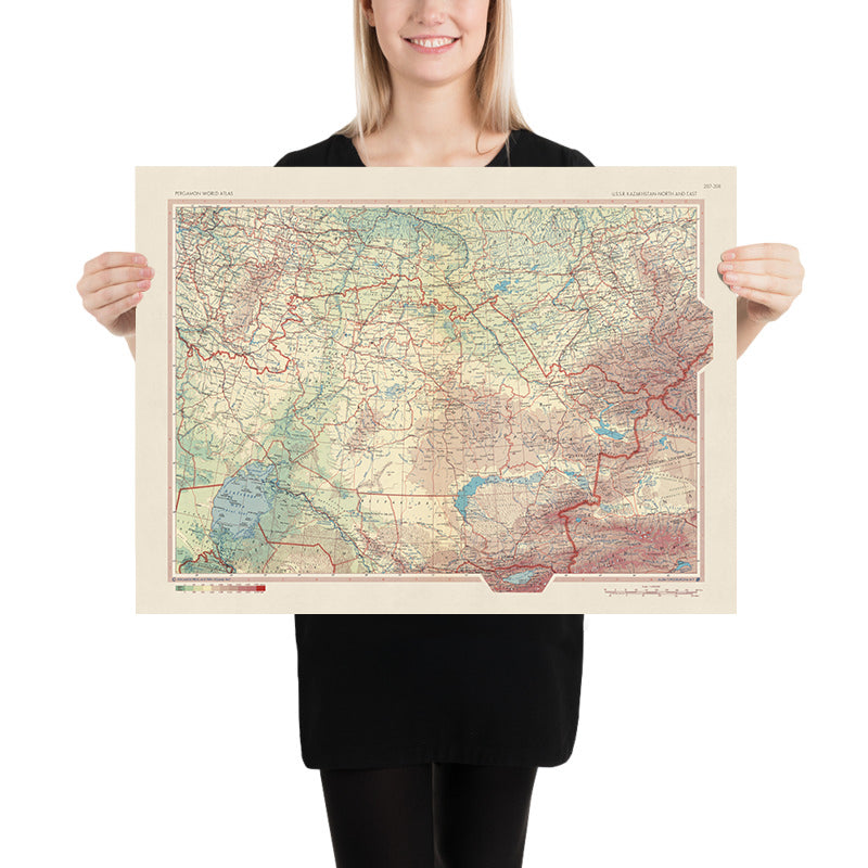 Old Map of Kazakhstan, 1967: Almaty, Karaganda, Shymkent, Lake Balkhash, Aral Sea