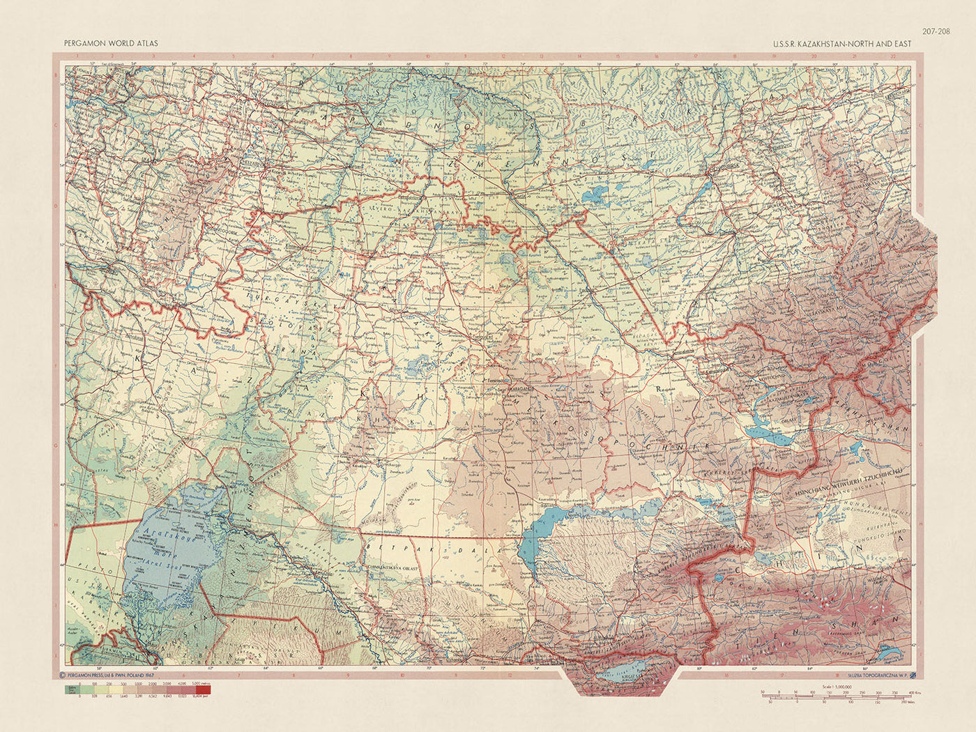 Old Map of Kazakhstan, 1967: Almaty, Karaganda, Shymkent, Lake Balkhash, Aral Sea