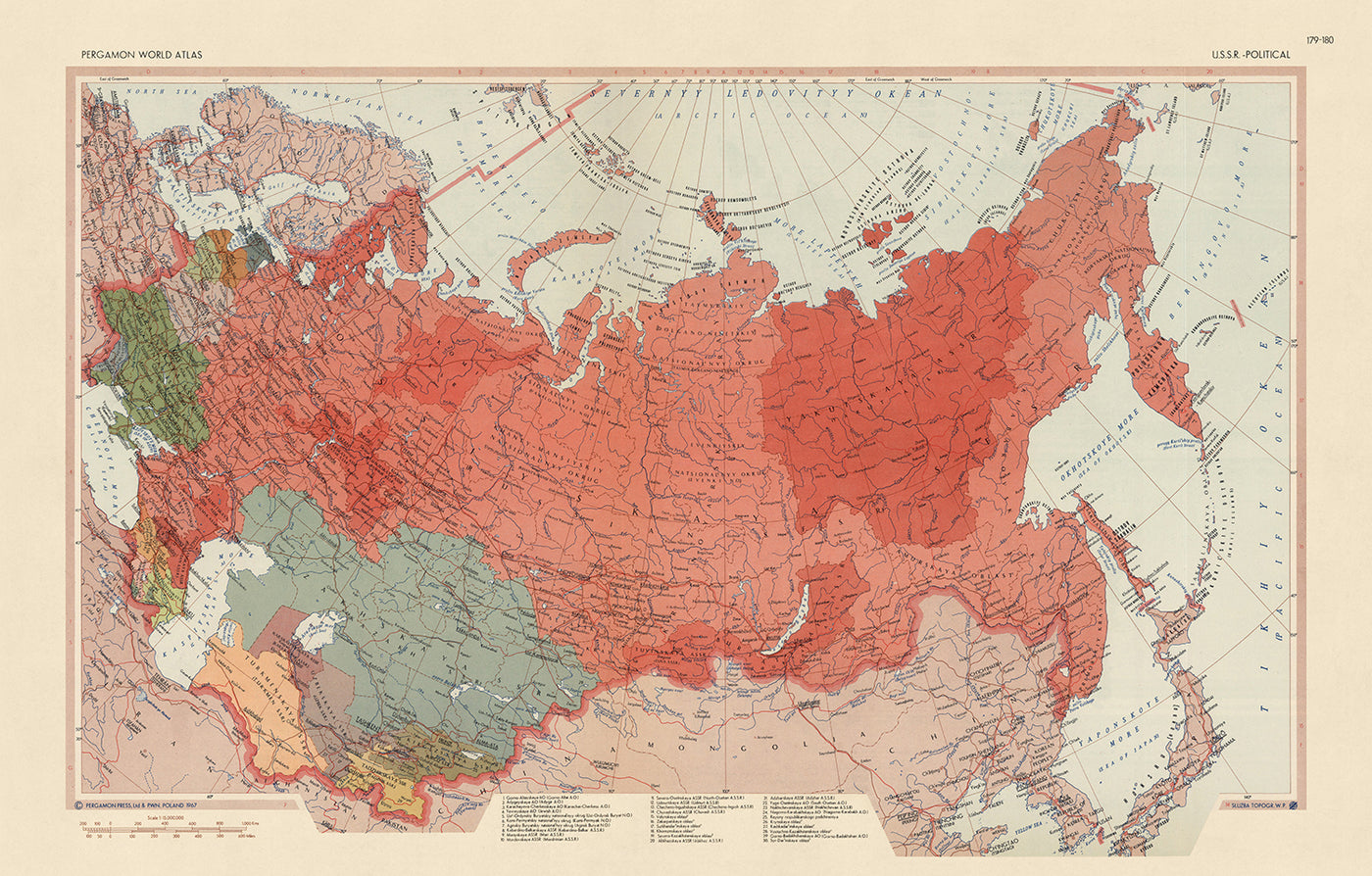 Mapa antiguo de la Unión Soviética, 1967: Kazajistán, Ucrania, Lituania, Océano Ártico, Geopolítica de la Guerra Fría 