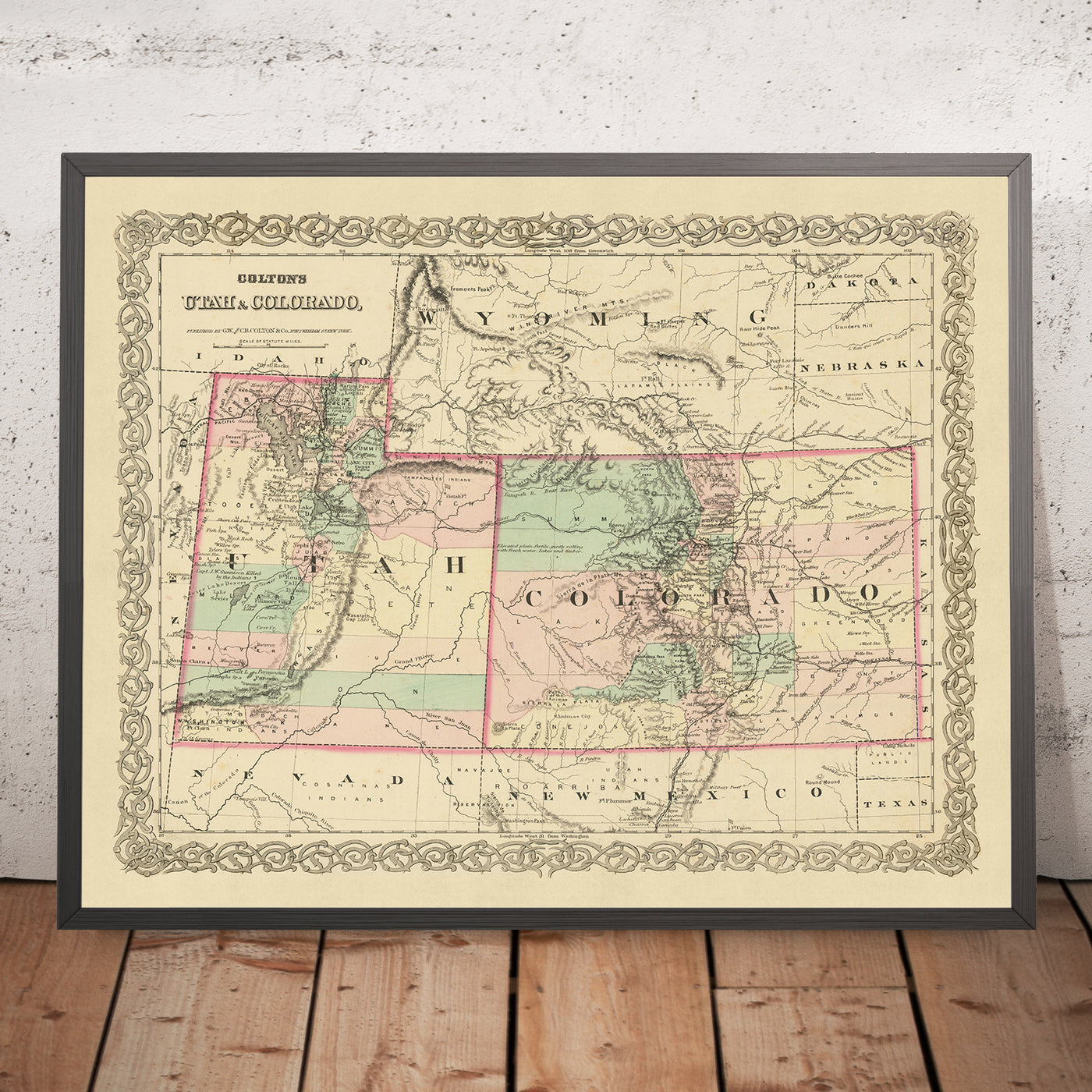 Old map of Utah & Colorado by J. H. Colton, 1873: Salt Lake City, Denver, Provo, Colorado Springs, Fort Collins