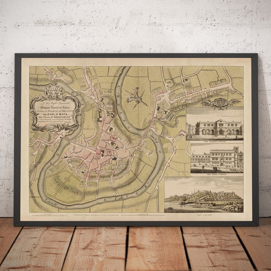 Antica mappa di Shrewsbury nel 1746 di John Rocque - Fiume Severn, Frankwell, Welsh Bridge, Stone Bridge, Bowling Green 