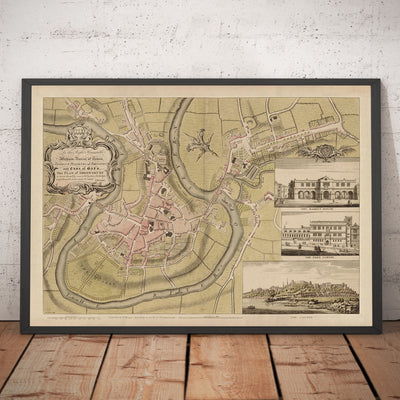 Ancienne carte de Shrewsbury en 1746 par John Rocque - Rivière Severn, Frankwell, Welsh Bridge, Stone Bridge, Bowling Green