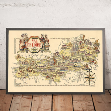 Antica mappa pittorica della Valle della Loira di Liozu, 1951: Orléans, Tours, Angers, Castelli, Vigneti, Vino 