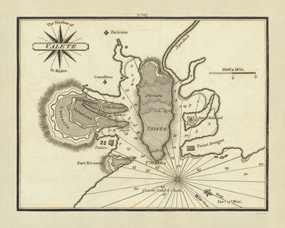 Old Valletta, Malta Nautical Chart by Heather, 1802: Fort St. Angelo, Palace, St. John's Co-Cathedral