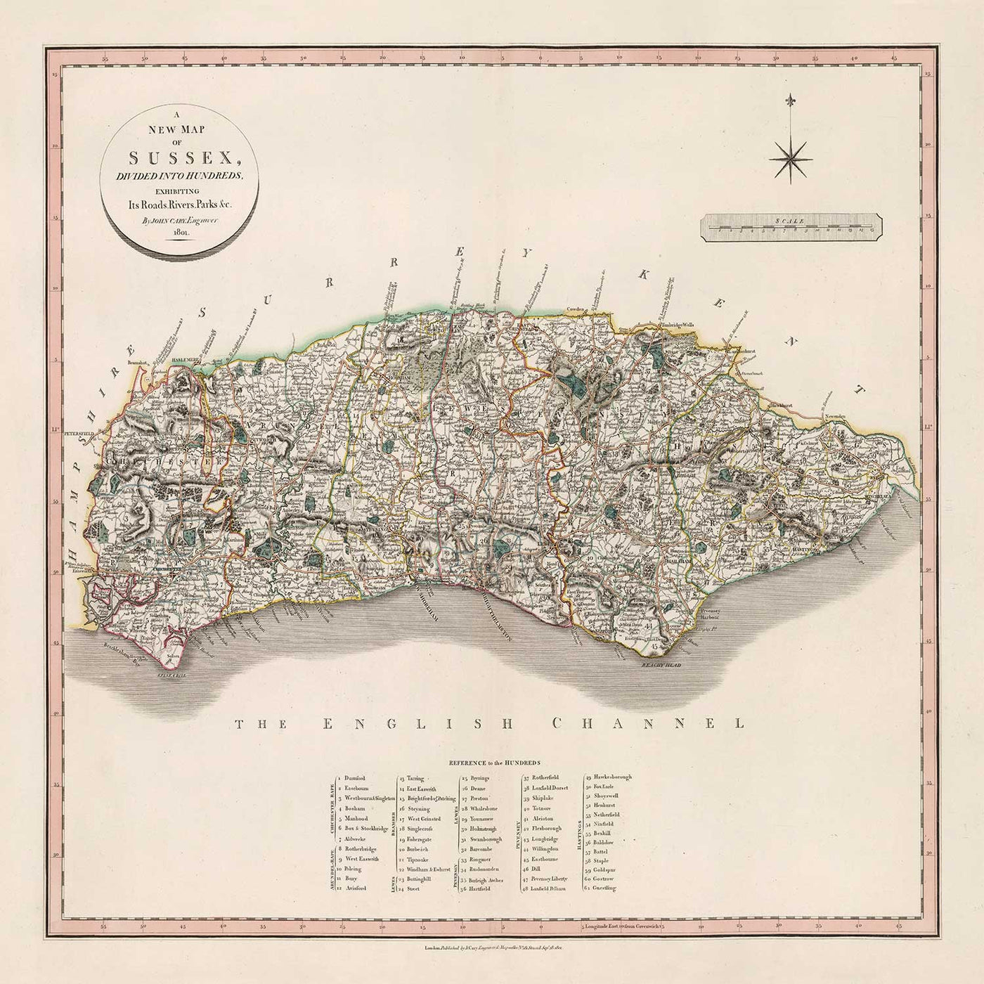 Alte Karte von Sussex im Jahr 1801 von John Cary - Brighton, Hastings, Eastbourne, Preston, Dumford 