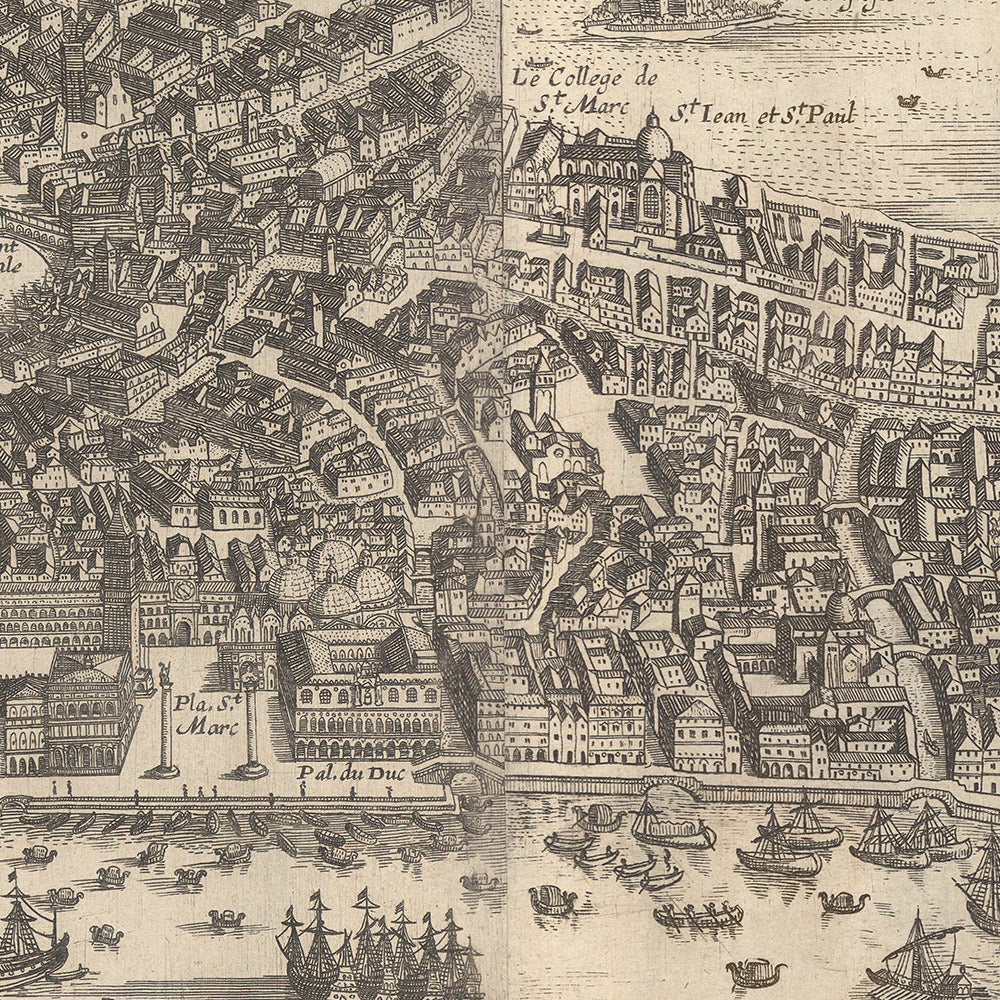Antigua carta de pájaro de Venecia por Boisseau, 1648: Basílica de San Marcos, Palacio Ducal, Puente de Rialto, Gran Canal, Laguna Veneciana 