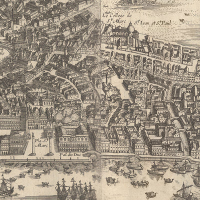 Antigua carta de pájaro de Venecia por Boisseau, 1648: Basílica de San Marcos, Palacio Ducal, Puente de Rialto, Gran Canal, Laguna Veneciana 